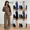 Women Casual Solid Loose Long Sleeve Slant Collar Top Wide Leg Pants Two Piece Set