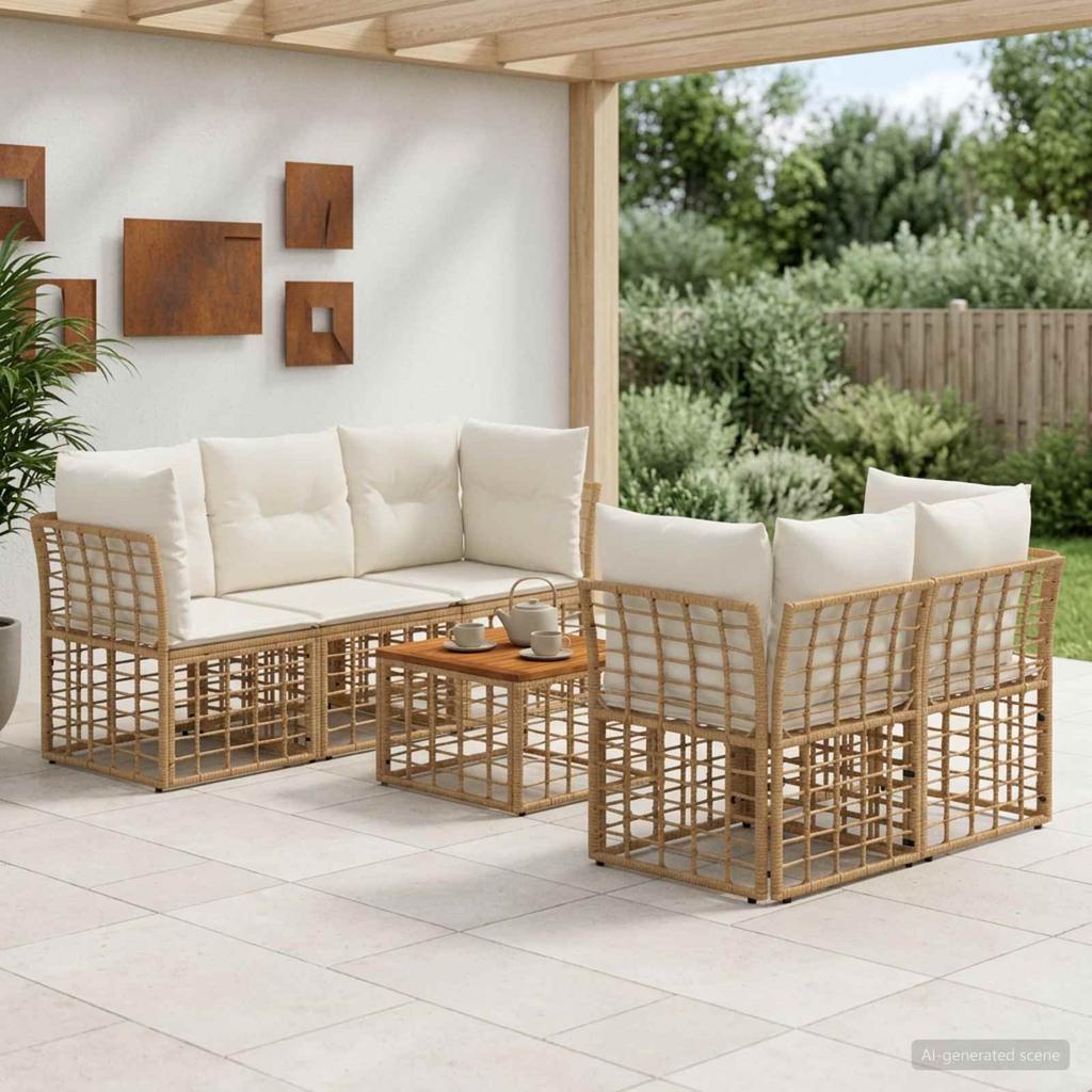 Outdoor Sofa Set 6 Pieces Natural and Cream White Poly Rattan