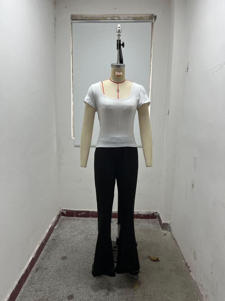 Women's 2024 European & American Slim Fit Solid Color Short Sleeve Square Neck Summer Casual T-shirt