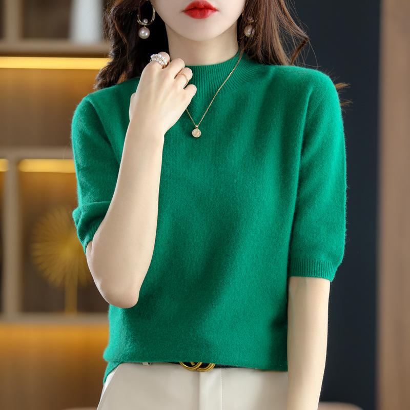 Свитер с полуворотником и рукавом пять четвертей для женщин базовая шерстяная рубашка пуловер внутренняя футболка с полурукавом универсальные тонкие топы для верхней одежды XXL 7740₽