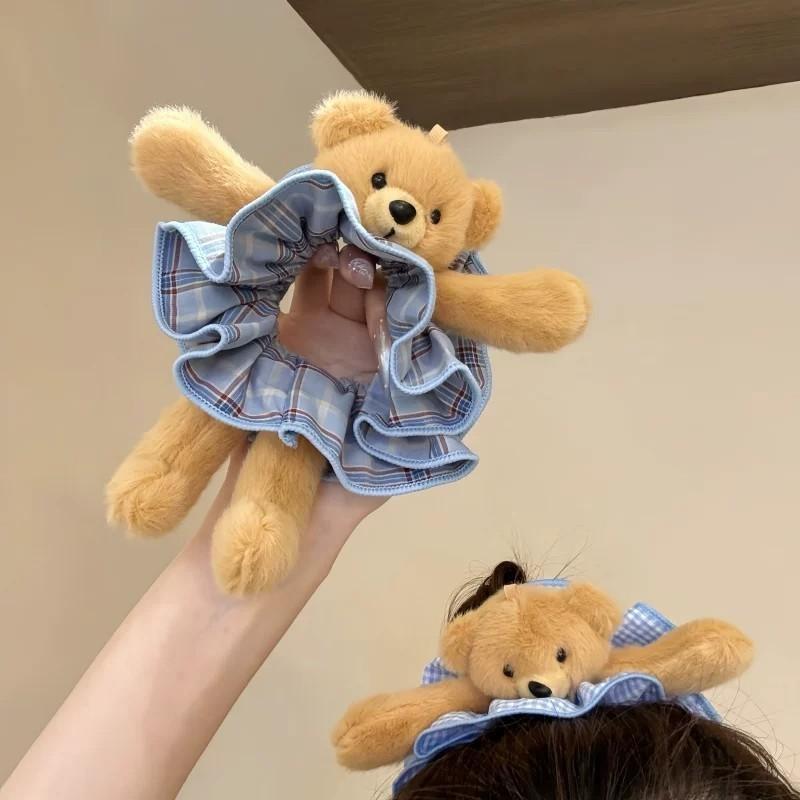 Women Plush Bear Plaid Large Intestine Headband Sweet Cute Funny Fashionable Headband Versatile Harajuku Hair Accessories