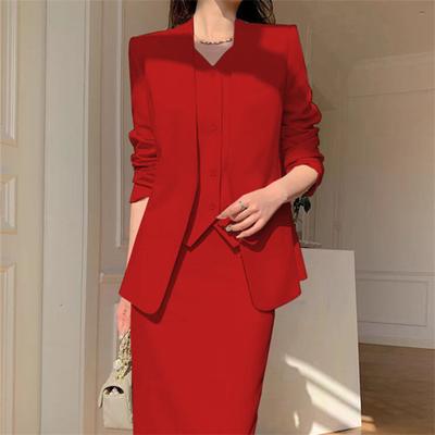 Ensemble de 2 pièces pour femme, manteau et jupe, style formel, style business, manches longues, ouvert, taille haute, slim, coupe trapèze, jupe mi-longue, OL, pour les déplacements au bureau