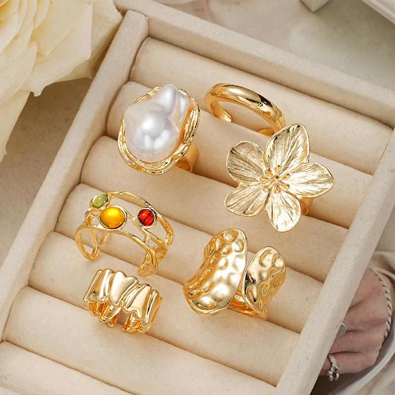 6/14/20 Pcs Imitation Pearl Flower Zircon Rings Set for Women Vintage Elegant Irregular Gold Color Open Ring Party Jewelry Gifts