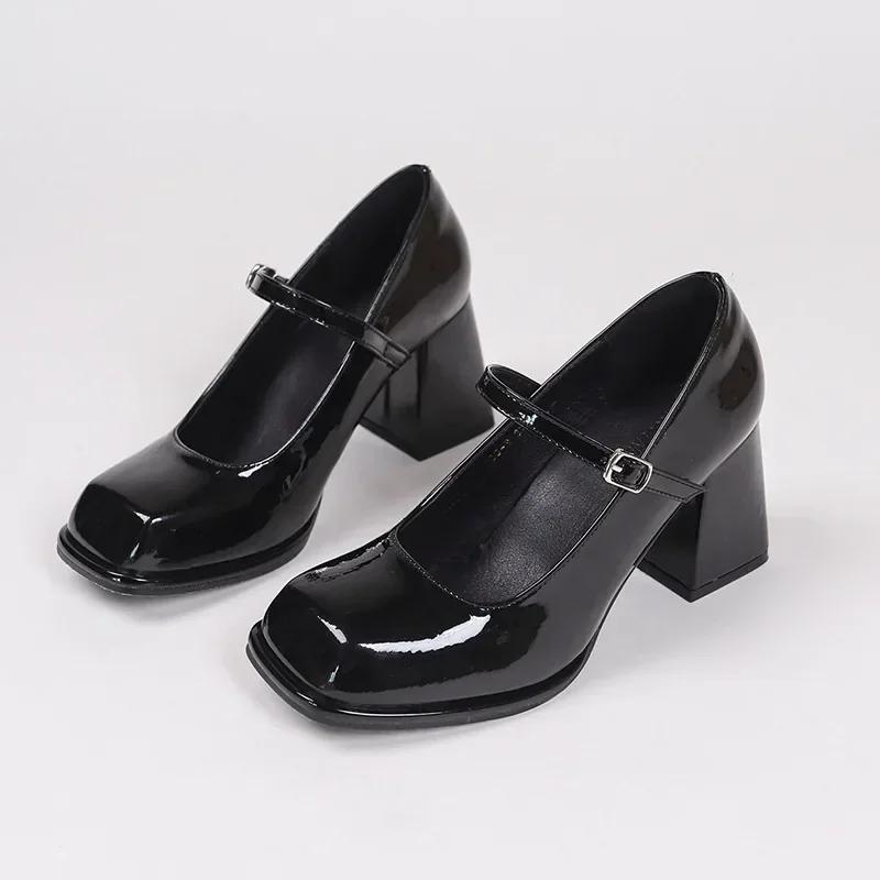 Ladies Summer Black New Small Leather Shoes Mary Janes Vintage Buckle Non-Slip Sandals Woman Medium Heels Casual Elegant Heels