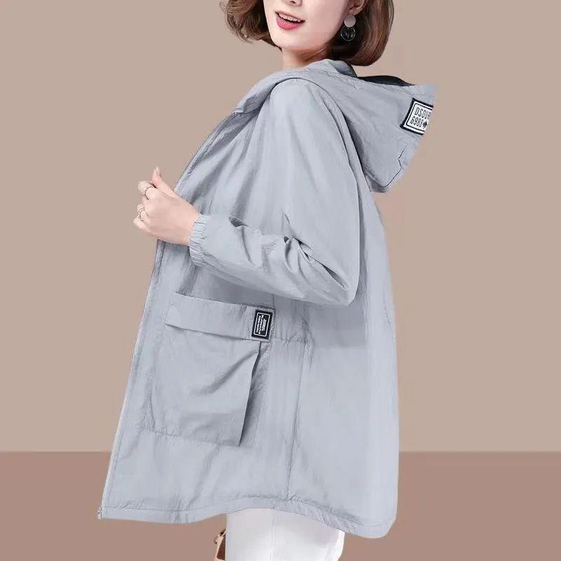 Spring Summer Women's Sunscreen Clothing Solid Colour Plus Size Thin Section Hooded UV Protection Jacket