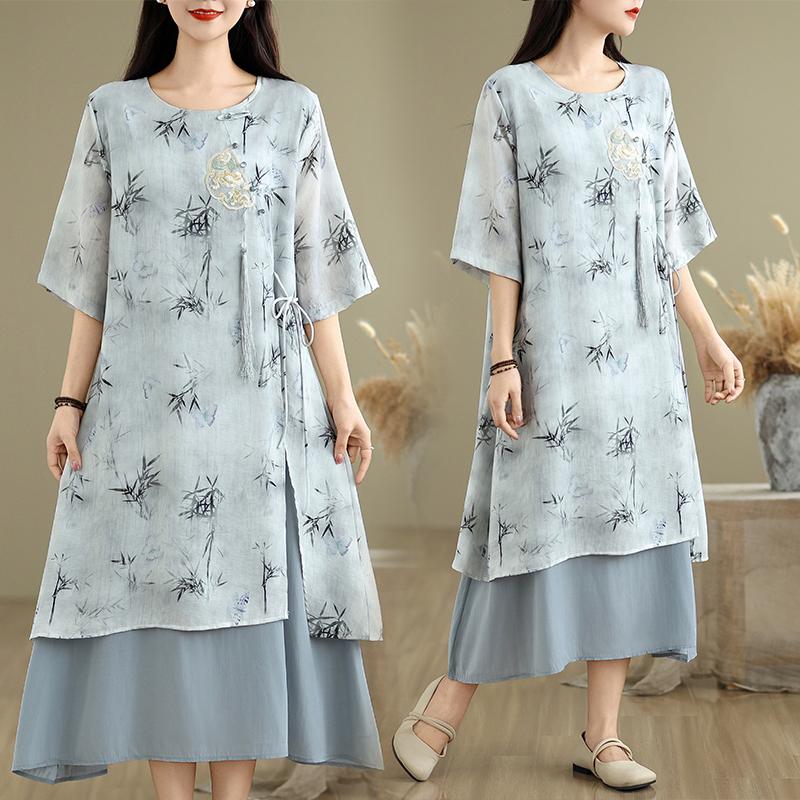 DIMANAF 2025 Summer Women Plus Size Dress Loose Floral Dress Chiffon Elegant Basic Vintage Casual Maxi Dress