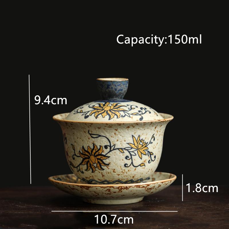 Chinese Retro Handmade Ceramic Gaiwan Hand-painted Flowers Pattern Teacup Household Travel Tea Bowl Portable Teaware Accessories