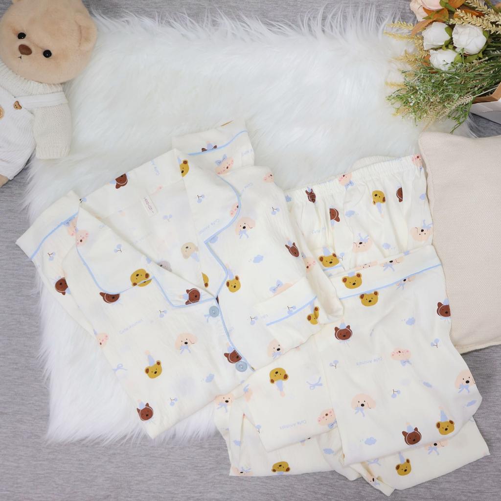Cloud pure cotton yarn pajamas women's long-sleeved trousers spring and autumn suit cute puppy girl cardigan loungewear summer