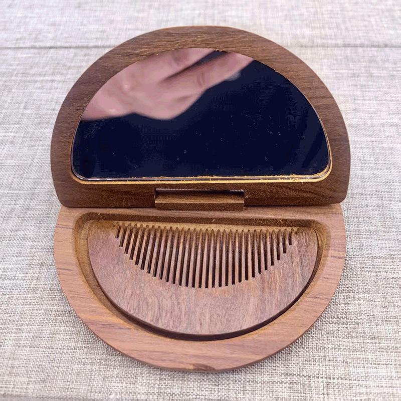 Custom Logo Luxury 2 In 1 Wooden Comb Mirror Set Vintage Foldable Pocket Mirror with Comb Travel Portable Hair Comb with Mirror