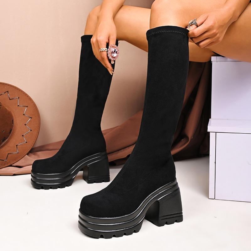Fashion Super High Heel Platform Boots Autumn New Round Toe Small Platform Anti-slip Soft Leather Stretch Tall Skinny Boots