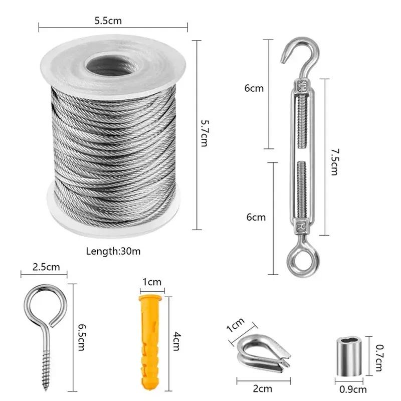 30M Wire Rope Cable Hooks Hanging Kit Flexible PVC Coated Stainless Steel Clothesline