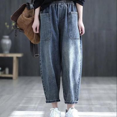Lady's Elastic Waistt 9-Point Harlan Pants Jeans Fashion Large Pocket Loose High Waist Ankle Length Pants