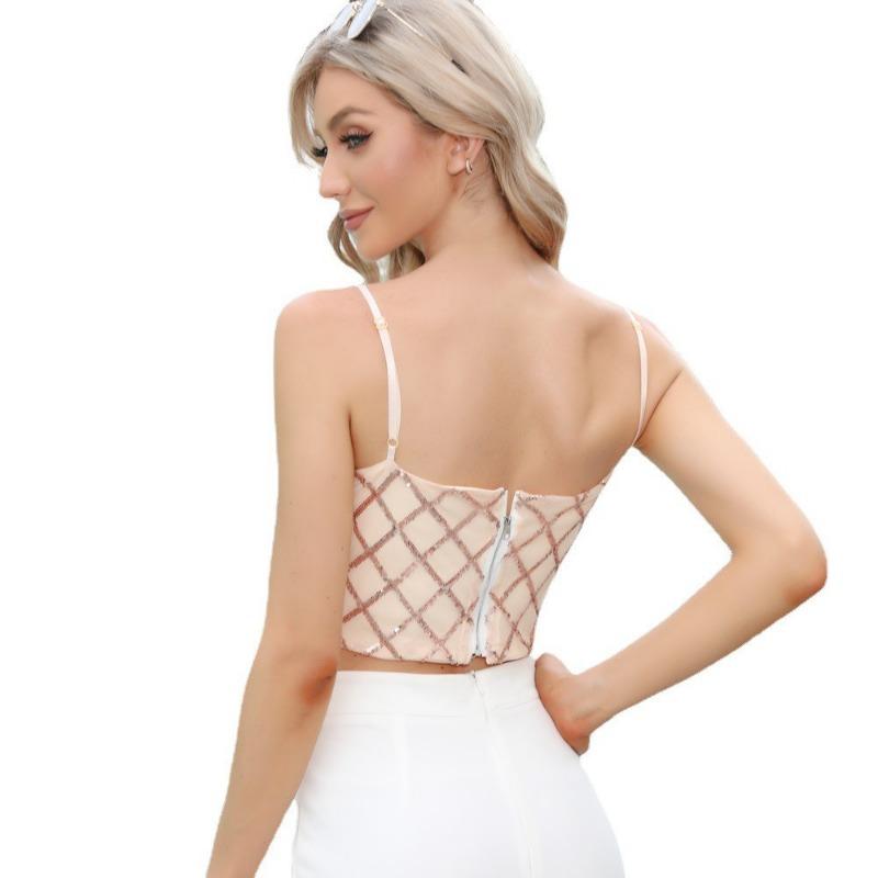 Women's Decorative French Retro Backless To Cover The Side Breasts Bustier Outside The Thin Section of The Mesh Anti-glare Sequins Small Vest