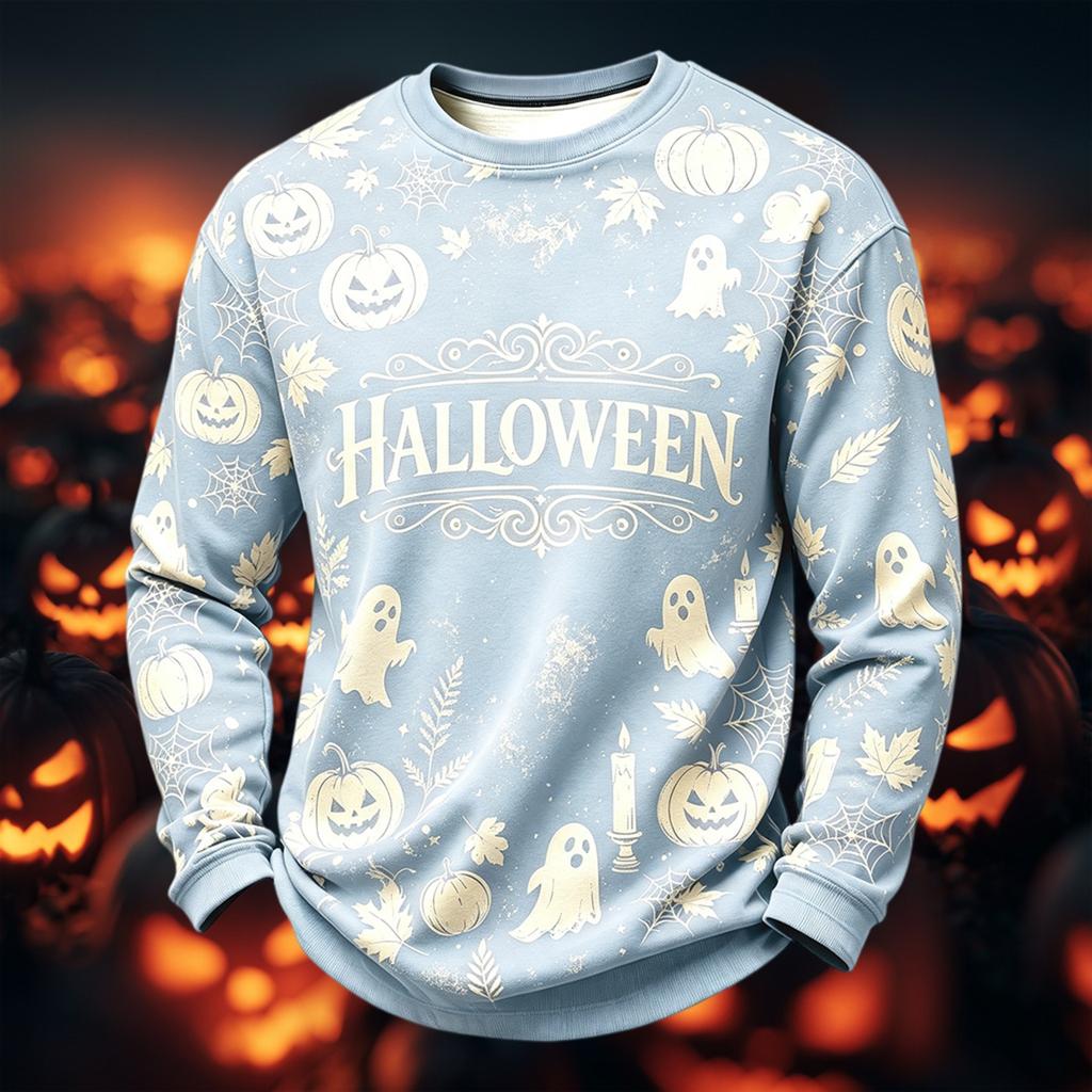 Men's Casual Round Neck Long Sleeve Top with Halloween Print