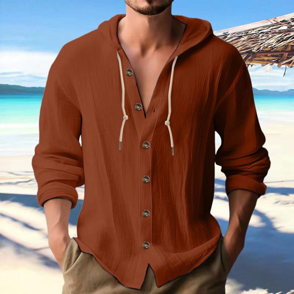 Mens Fashion Casual Solid Color Simple Casual Button Hooded Shirt Top Casual Commuting Short Sleeved Shirt