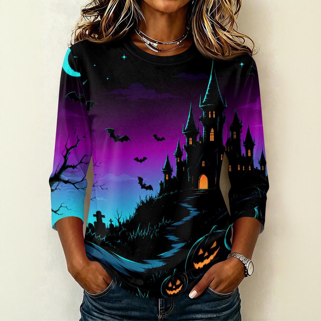 Women's Casual Crew Neck Three Quarter Sleeve Halloween Print T Shirt Top Lightweight Comfortable Fit Suitable for Daily Wear