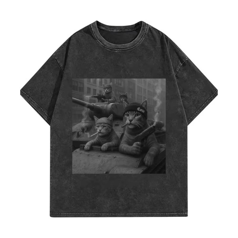 Lustige Katzenbande Meme Grafik T-Shirts Herren Damen Mode Vintage Gewaschene T-Shirts Sommer Hohe Qualität Baumwolle Übergroße T-Shirts