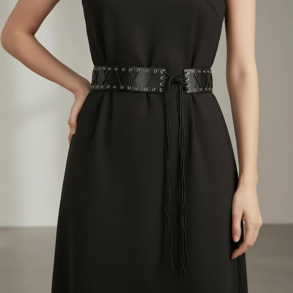 Wide Side Black Punk Belt Lace-up Straps Tassel Belt Leather Waist Chain Men Waist Decoration