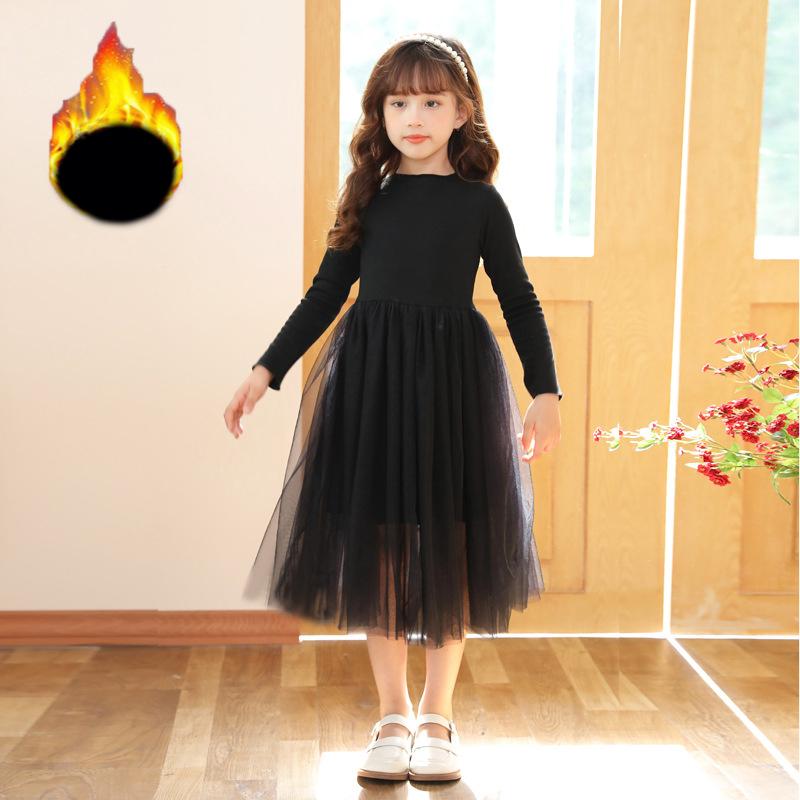 Autumn and Winter Long Sleeved Girls' Dress Children's Fluffy Gauze Skirt Mid To Large Kids Clothing Performance Princess Dress