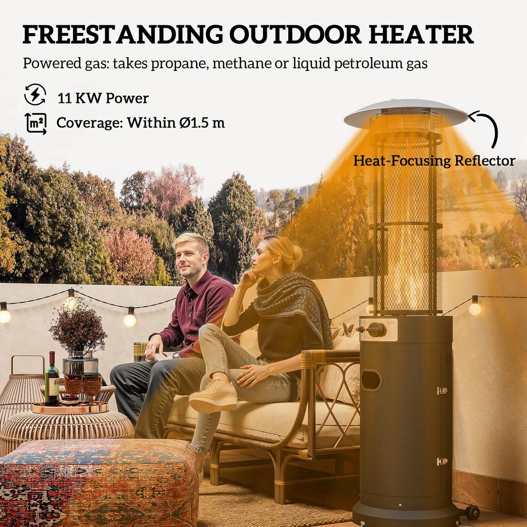 11 KW Freestanding Gas Patio Heater, Adjustable Outdoor Garden Propane Heater with Tip-Over Switch, Wheels, Pulse Ignition