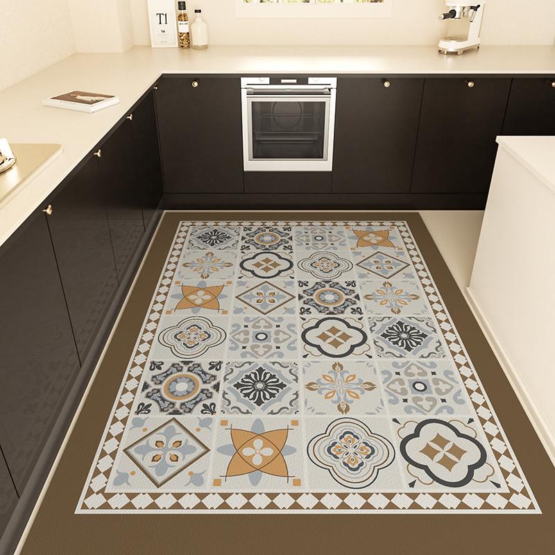 Geometric Pattern Kitchen Carpet Retro Floral PVC Carpets Plaid Ethnic Style Floor Mat Waterproof Non-slip Mats Anti-scratch Rug