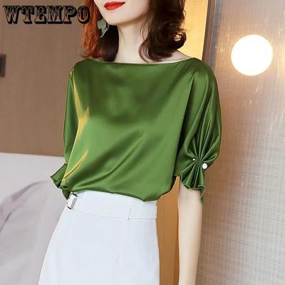 Satin Fabric Blouse Short Sleeve Loose Summer Light Luxury Drape Blouse Woman