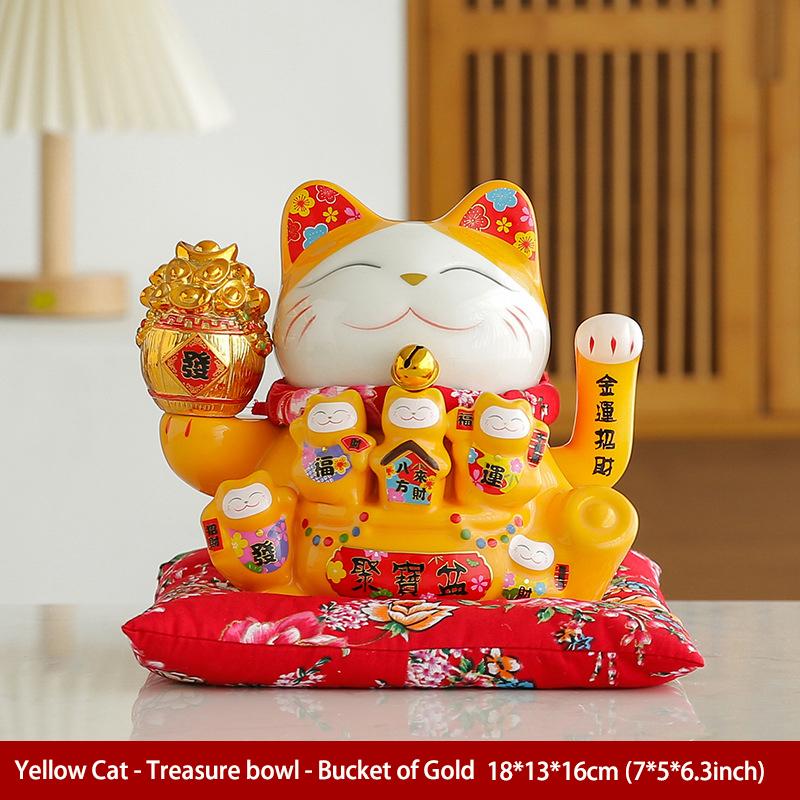 7 Inch Fortune Cat with Waving Arm Ceramic Maneki Neko Feng Shui Ornament Lucky Cat for Shops, Restaurant, Home Table Decoration