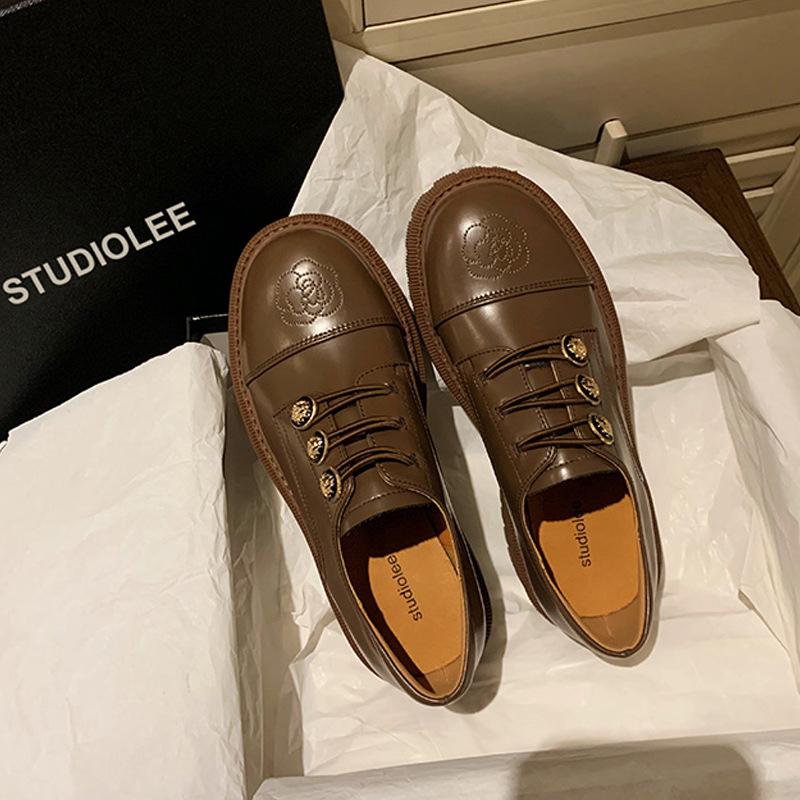 British metal buckle retro embroidered loafers spring round head thick heel platform small leather shoes single shoes women comfortable and versatile