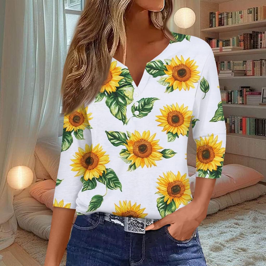 Women's T Shirt Tee Print Button 3/4 Sleeve Daily Weekend Fashion Basic V Neck Regular Top