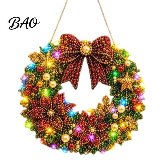 Festive Door Hanging Ornament DIY Acrylic Christmas Faux Pearl Art Kit, Lighted Wreath 3D Beaded Craft Mantelpiece Kit with LED String Light, Beginner