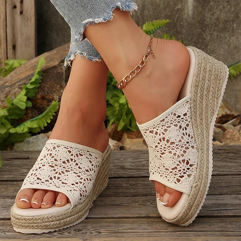 Fashion Plus Size 36-43 Braided Wedge Sandals Women 2025 Summer Linen Thick Sole Slippers Woman Comfy Hollow Out Platform Sandles Female