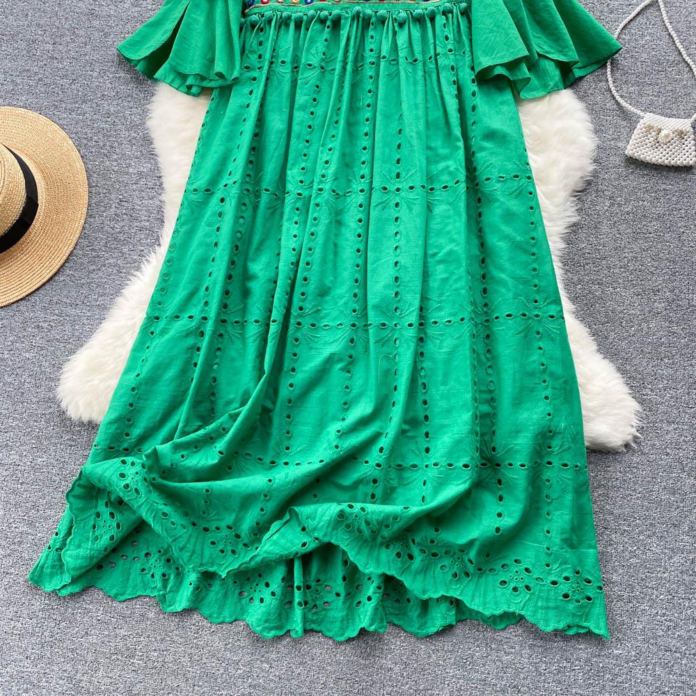 RUGOD French Retro Ethnic Embroidered Round Neck Flared Sleeve Dress Women's Loose Temperament All-match A-line Long Dress