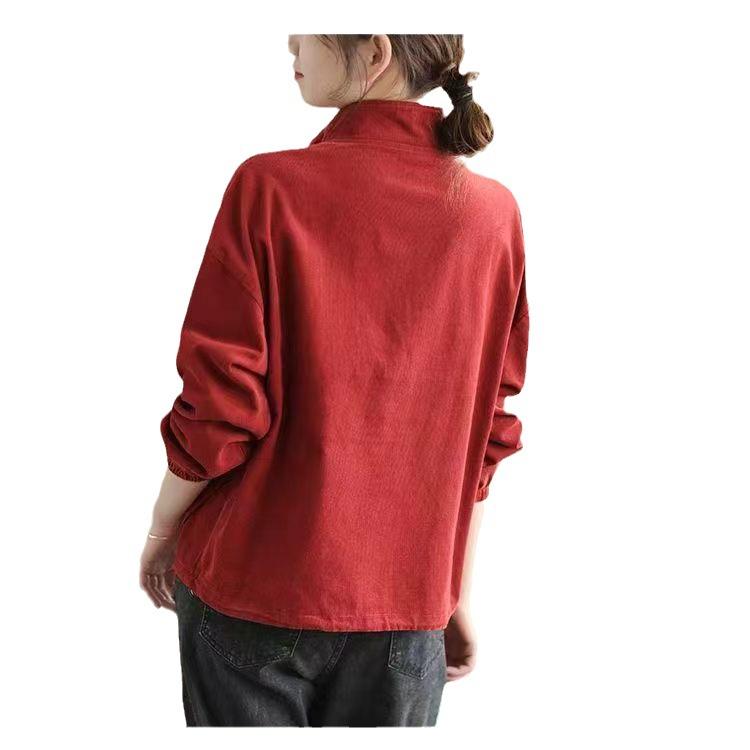 Spring Autumn Women Sports Vintage Casual Shirt Women Young Style Solid Color Long Sleeve High Neck Pocket Button Top