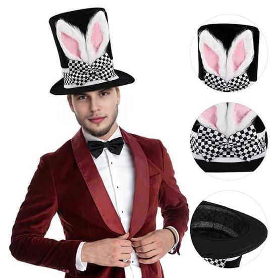 Rabbit Costume Set 4 Piece Bunny Ear Top Hat Glasses Necktie Gloves Set for Halloween Easter Cosplay Accessory