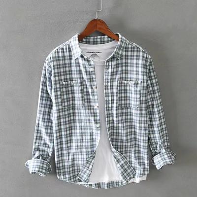Camicia Casual a Maniche Lunghe da Uomo Primavera/Autunno Vintage a Blocchi di Colore Gioventù Semplice a Quadri per Pendolari
