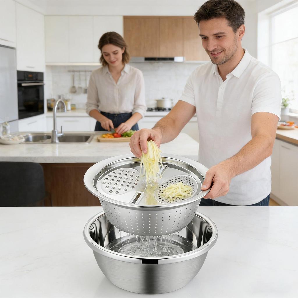 Stainless Steel Strainer Bowl Multipurpose Draining Basin With Grater Food Drainer Mixing Bowl Set For Meal Prep Salad Making
