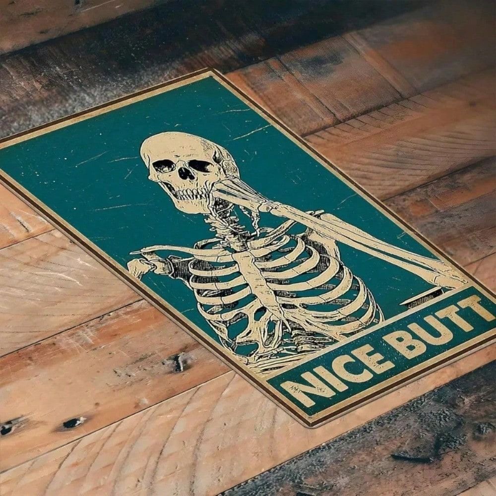 Vintage Metal Wall Sign Skeleton Nice Butt Halloween Toilet Decor