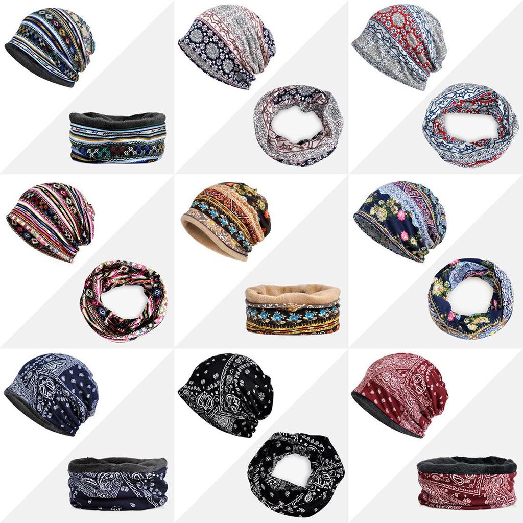 Damesett med lue og skjerf i bomull med blomsterprint for solbeskyttelse