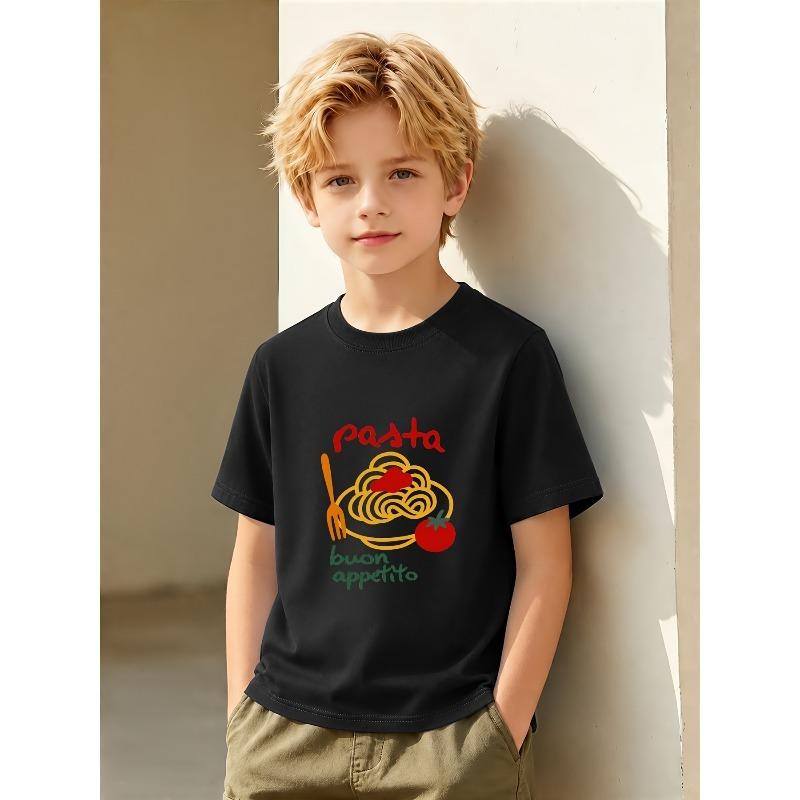 European Sizes Boys' Summer Fashion Short Sleeve T-Shirt, Italian Pasta Tomato Print Casual Comfortable Top, Summer Pure Breathable Wear