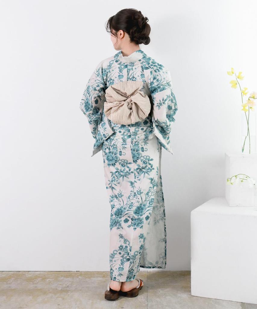 Yukata Unique Natural Set AB Free [KYOETSU] Set, Weave, White, Two-Piece 3-Piece (Yukata, Obi, Geta), Women's (Hisui Kaen, Size)