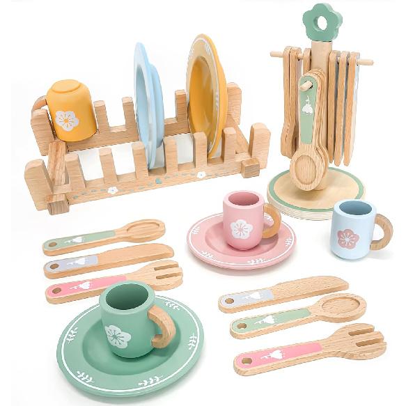 Wooden Play Kitchen Accessories Toys for Toddlers 3+, 22 PCS Kids Play Kitchen with Cute Cutlery Rack&Dish Rack,Play Dishes for Kids