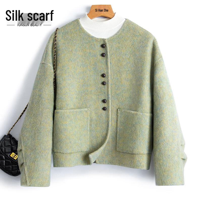 

SILUBAI SHE Women s Round Neck Single-Breasted Wool Blend Double-Faced Coat XL