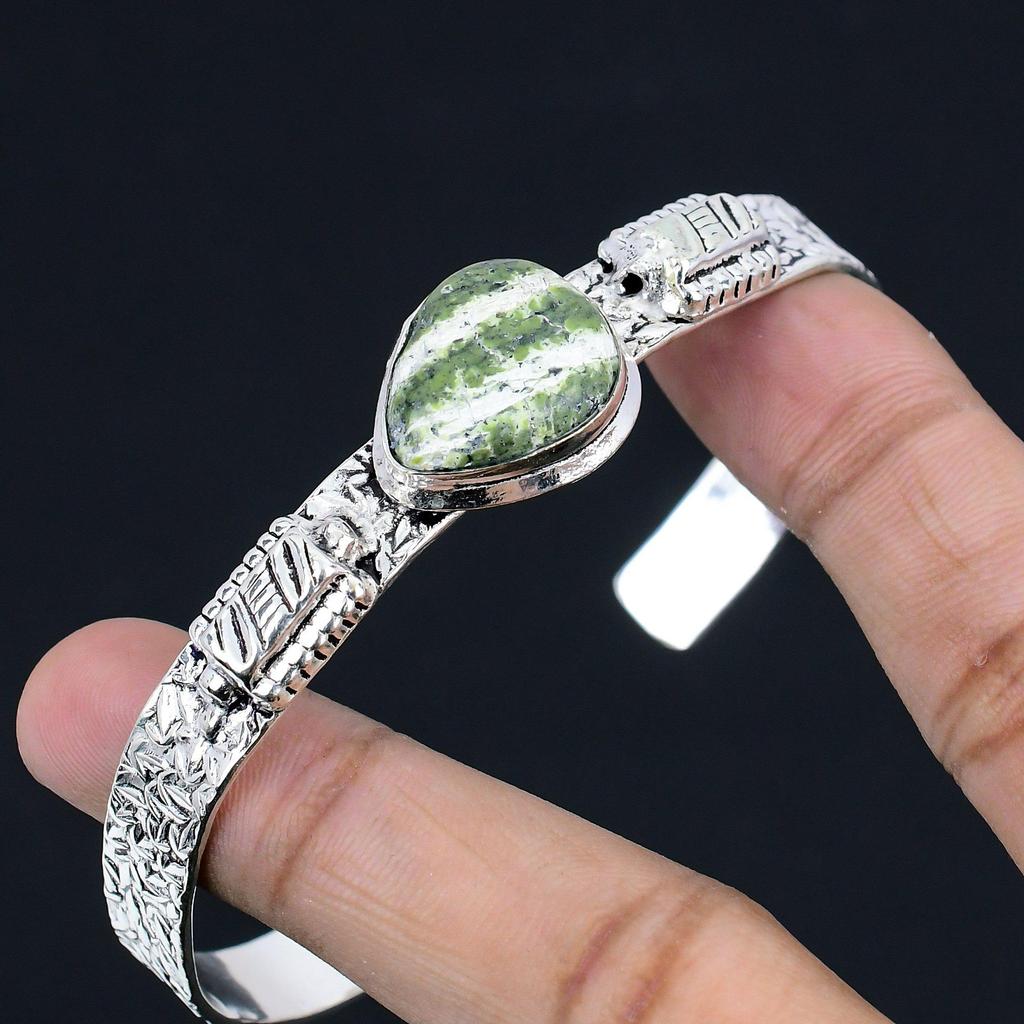 Natural Green Swiss Opal Gemstone Bangle Adjustable 925 Sterling Silver Jewelry