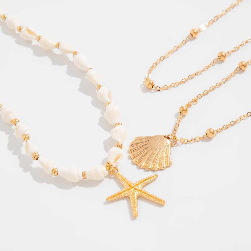 14K Gold Multi-layer Pearl & Starfish Seashell Necklace for Women