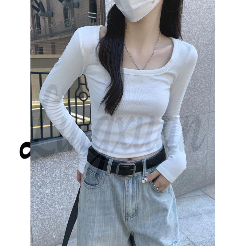 Spring Korean Style Square Neck Slim Fit Pure Cotton Long Sleeve T-Shirt Small белый
