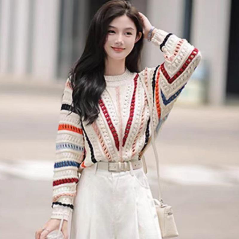 2025 New Rainbow Color Cardigan Women Sweater Autumn Sweet Fashion Elegant O Neck Knit Coats Hollow Crochet Casual Loose Long Sleeve Jacket Clothing