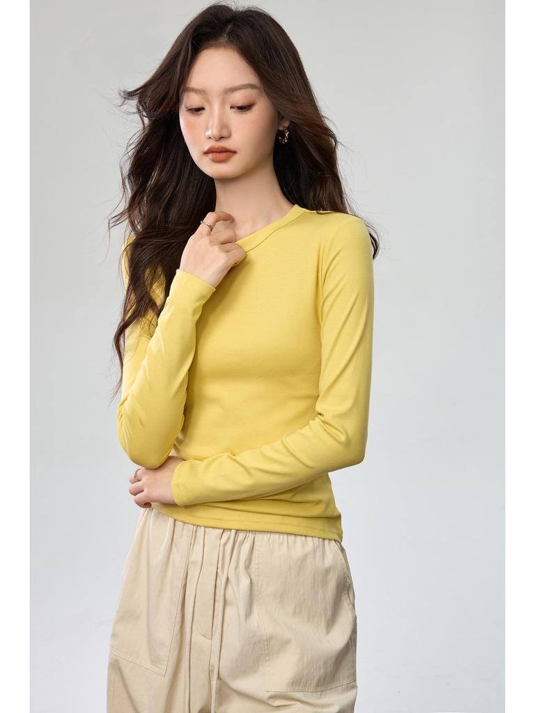 Women's Autumn 2025 Long-Sleeve T-Shirt: Combed Cotton, Versatile Design with Exposed Stitching, Simple Round Neck.