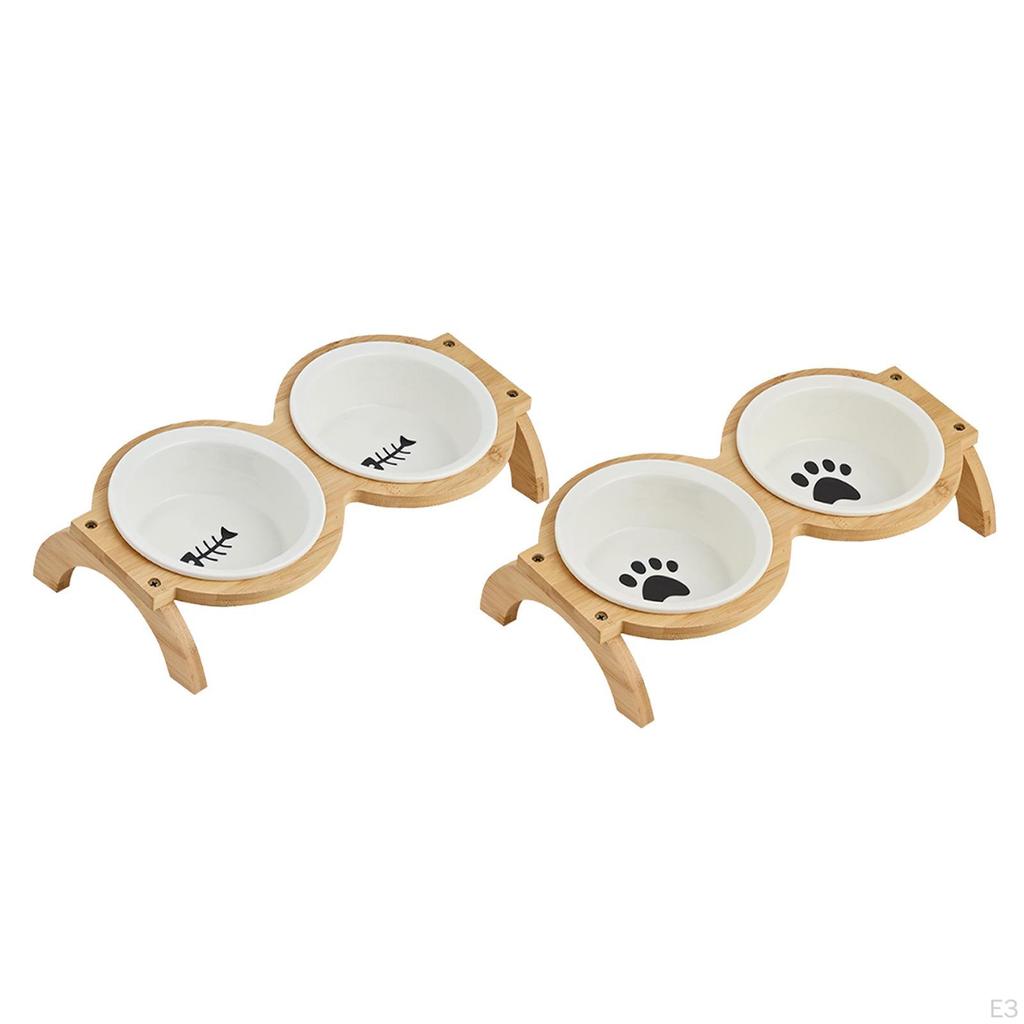 Ceramic Elevated Cat Bowls, Raised Feeding Station with Wooden Food And Water Bowl, Pet Feeder
