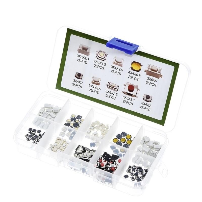 Pack Of 250PCS Tactile Push Button Switches 10 Types Metal & Plastic Switches High Sensitivity Switches for Electronics