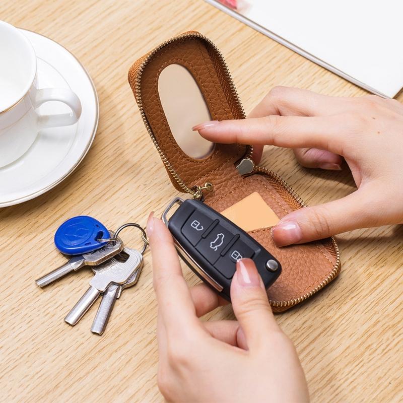Leather Car Key Case with Clip Carry for Car Owners, Fob Cover and Card Slot for Bag or Pocket Use with Full Closure